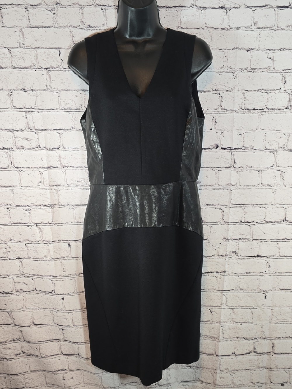 DKNY Black Midi Dress with Real Leather Panels Size 8